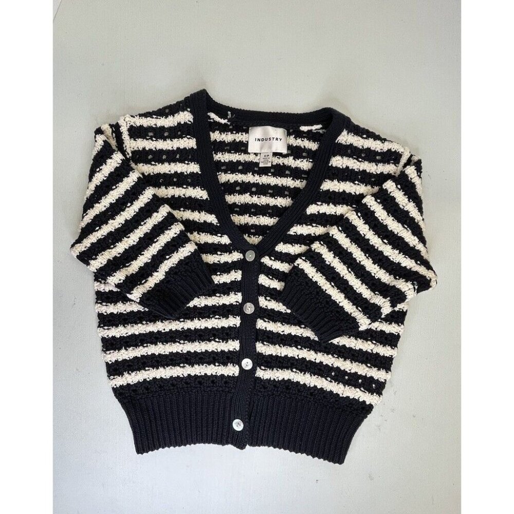 Industry Cropped Cardigan Sweater S Black White 100% Cotton Striped Button Down
